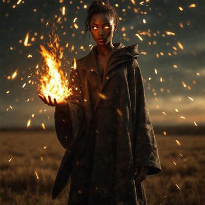 The primary subject of the image is a woman dressed in a long coat, holding a flaming torch in her hand. The setting is a field with a dark sky in the background. The visual style appears to be a combination of photo and digital art, creating a dramatic and captivating scene. The colors and mood of the image are predominantly dark, with the flames of the torch providing a contrasting and intense element.